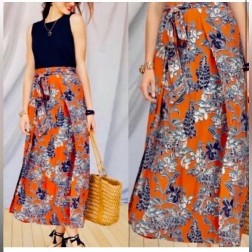 Cabi #5250 Calypso Orange Navy Blue Tropical Floral Side Slit Maxi Skirt